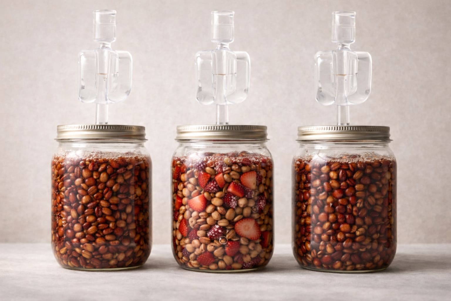 Experimental coffee fermentation in three glass jars