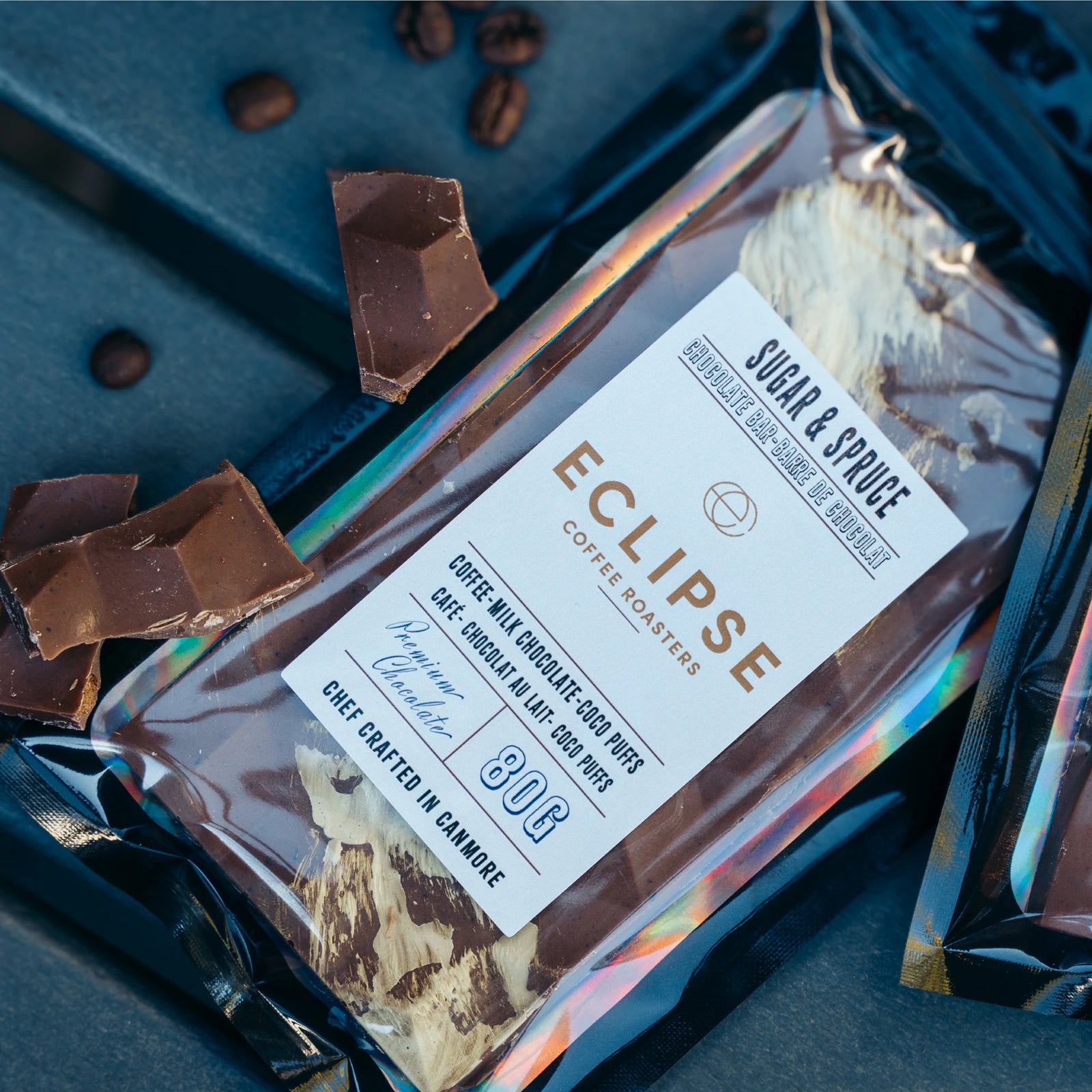 Eclipse Chocolate bar with coffee, milk chocolate & coco puffs. Produced by Sugar & Spruce, Canmore.